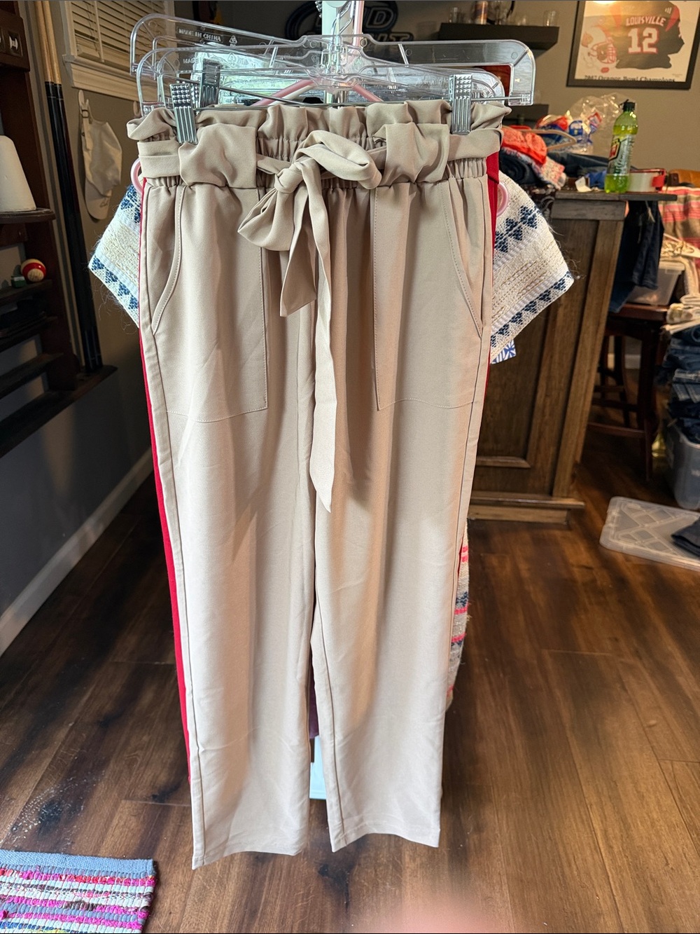 Grace Karin Beige Paperbag Waist Tie-Front Trousers with Red Side Stripe